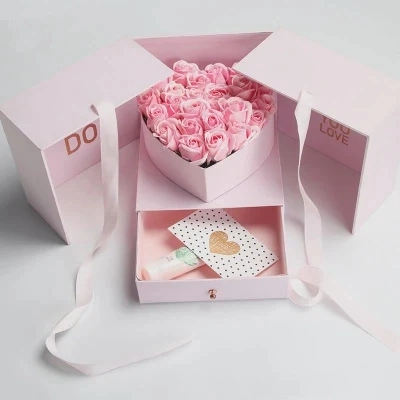 Boîte de fleur de cadeau de tube rond de chapeau de carton rigide de rose rose de luxe fait sur commande